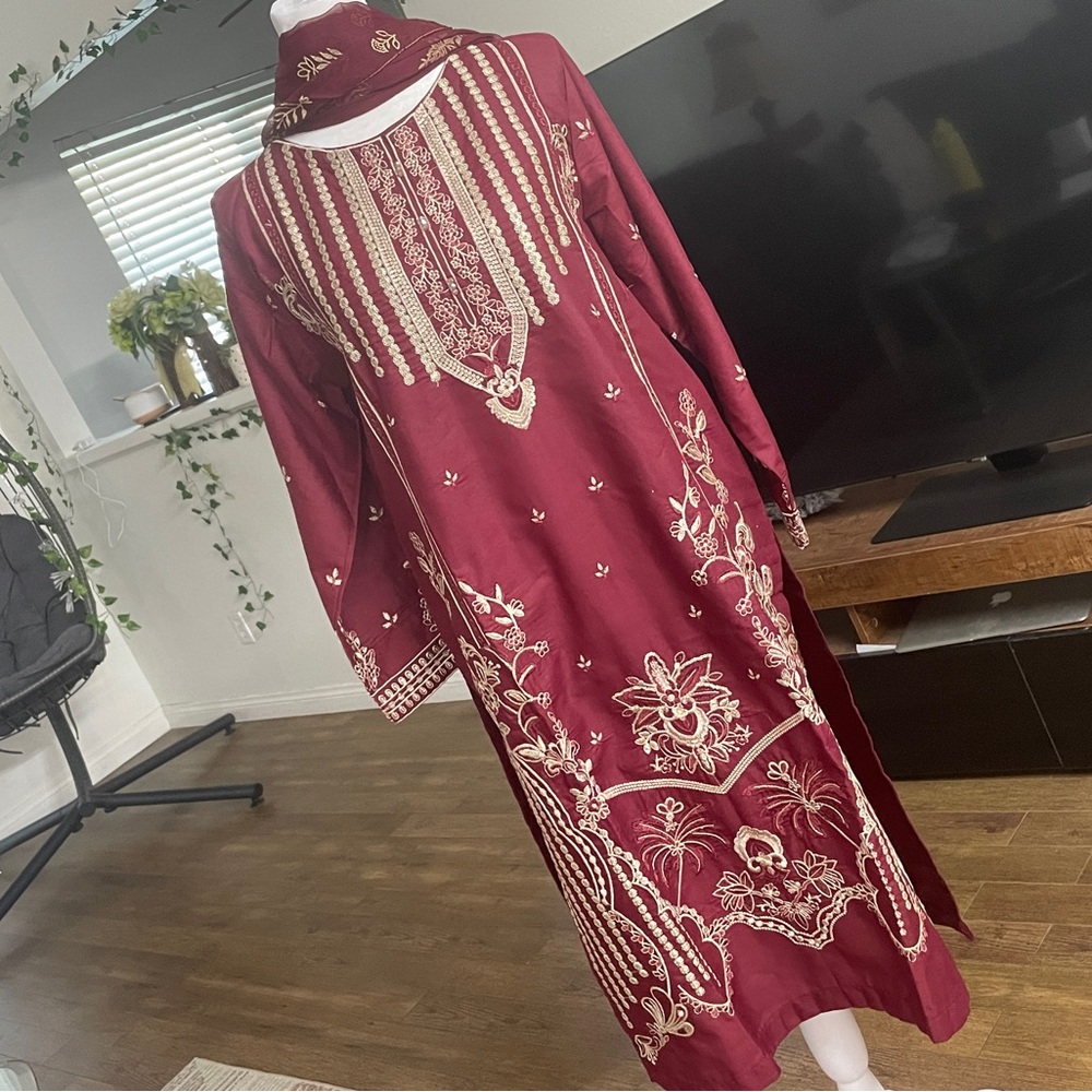 Elegant Maroon pakistani indian Embroidered suit dress